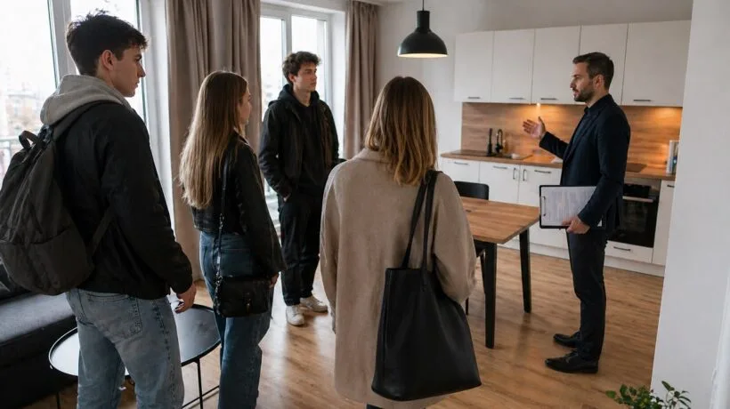 A group of university students meeting with a landlord during a flat rental casting process in Gdansk.