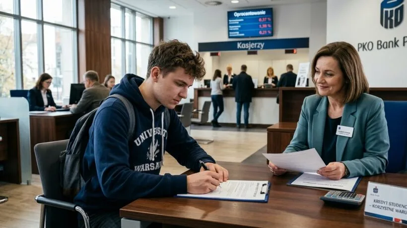 Student w Trójmieście podpisujący dokumenty i umowę na korzystny kredyt studencki.