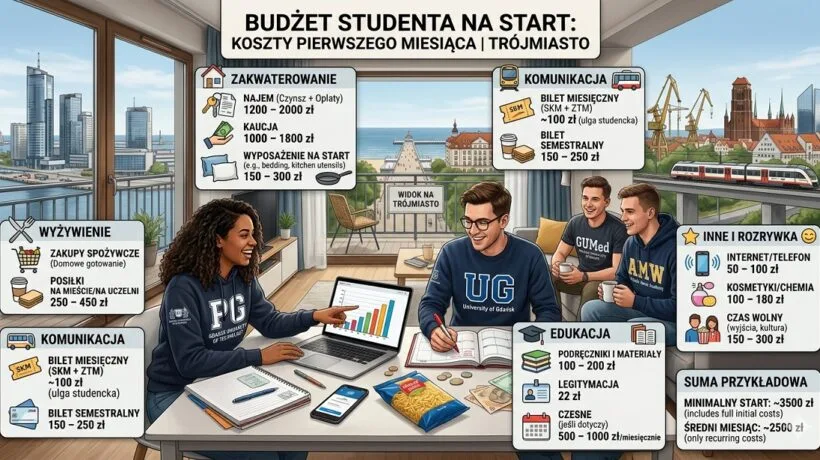 A breakdown of first-month living costs, rent deposit, and student budget expenses in the Tri-City area of Gdansk, Sopot, and Gdynia.