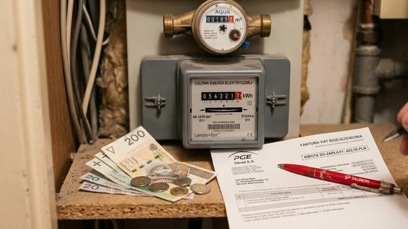 How to read electricity, water, and gas utility bills in Poland including meter readings and total costs.