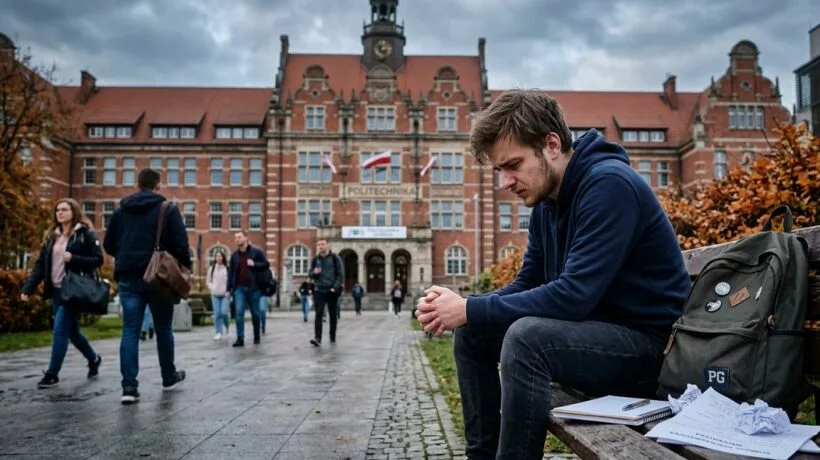 Student piszący wniosek o egzamin komisyjny oraz odwołanie od decyzji na uczelni w Trójmieście w 2026 roku