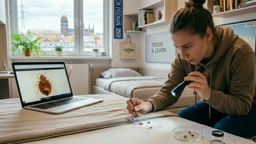 Student sprawdzający materac w poszukiwaniu śladów pluskiew w pokoju studenckim w Gdańsku w roku akademickim 2026/2027