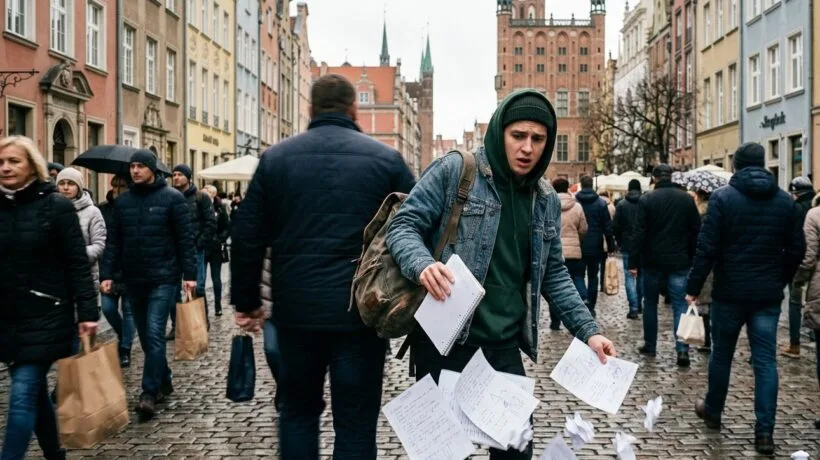 Student zastanawiający się nad rezygnacją ze studiów w Gdańsku na tle akademika i miejskiej infrastruktury w roku 2026/2027.
