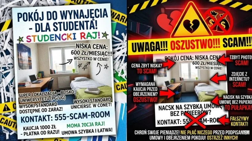 Student analizujący fałszywe ogłoszenie wynajmu mieszkania w Trójmieście na ekranie laptopa, aby uniknąć oszustwa.