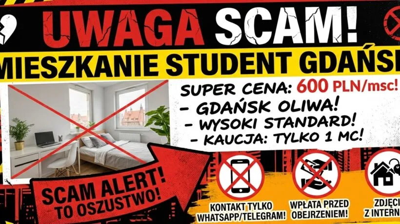 Zestresowany student zgłaszający na policji oszustwo na kaucję za wynajem mieszkania w Gdańsku.