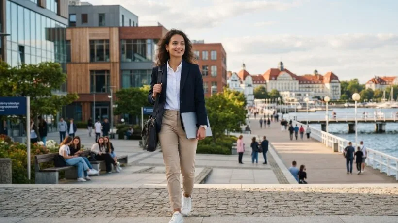Student Wydziału Zarządzania Uniwersytetu Gdańskiego w Sopocie łączący naukę na uczelni z życiem w nadmorskim kurorcie.