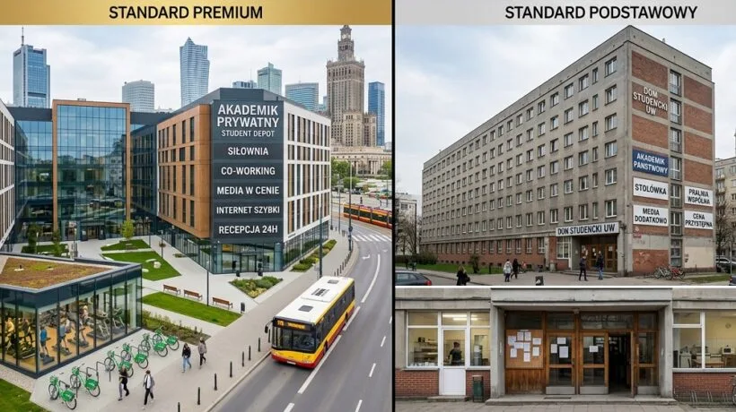 Infografika porównująca koszty, standard i lokalizację państwowych oraz prywatnych akademików w Warszawie na rok akademicki 2026/2027.