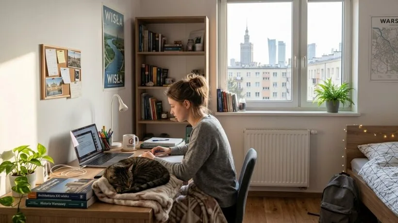 Zdjęcie studenta z psem w wynajętym pokoju w Warszawie, ilustrujące zasady i możliwości znalezienia mieszkania akceptującego zwierzęta.