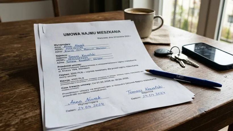 Wzór bezpiecznej umowy najmu mieszkania dla studenta w Warszawie z zaznaczonymi najważniejszymi klauzulami chroniącymi najemcę w 2026 roku.