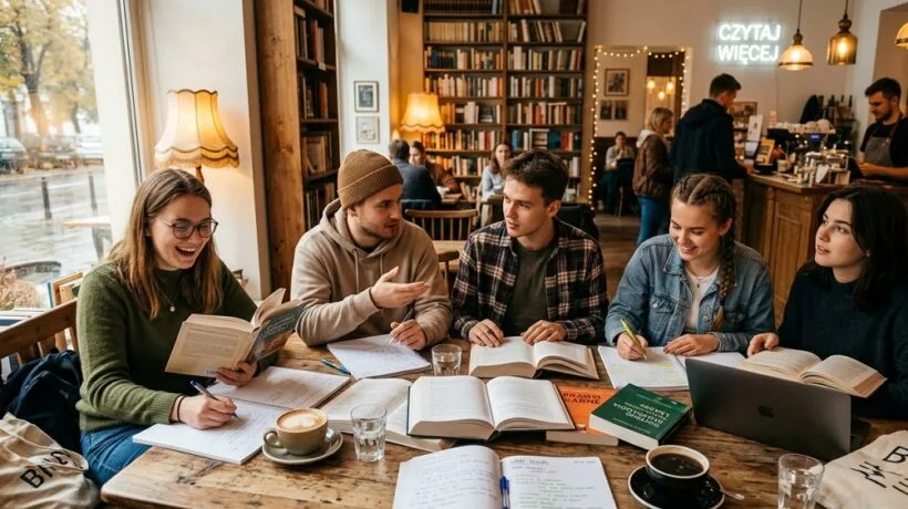 Wnętrze nowoczesnej warszawskiej biblioteki publicznej z rzędami drewnianych biurek, lampkami i otwartymi książkami.