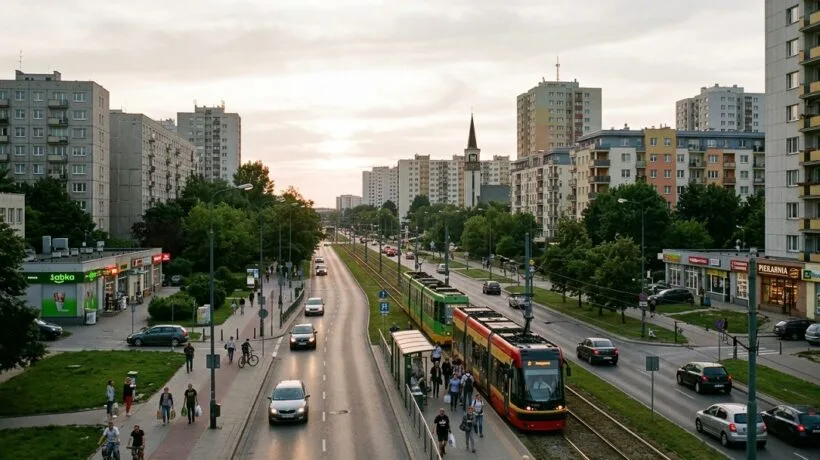 Wnętrze nowoczesnego pokoju studenckiego z widokiem na zielone osiedle warszawskiego Ursynowa w pobliżu kampusu uczelni.