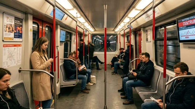 Klucz do otwierania drzwi nowoczesnego pokoju studenckiego w Warszawie z widokiem na stację metra.