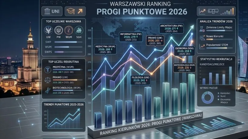 Aktualne progi punktowe na najpopularniejsze kierunki studiów w Warszawie na rok akademicki 2026/2027.