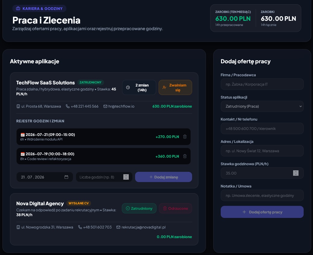 Podgląd panelu Student360 — lista prac, godziny i statusy rekrutacji